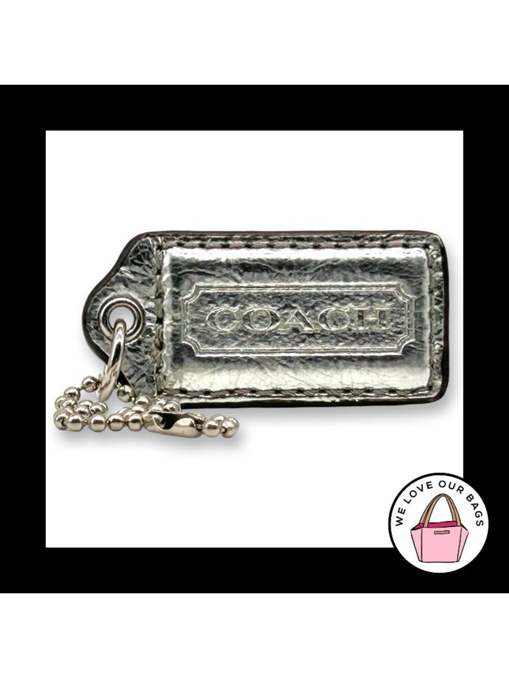 Poppy COACH HANG TAG 2" Silver Metallic Bag Charm Keychain Fob Mirror Leather